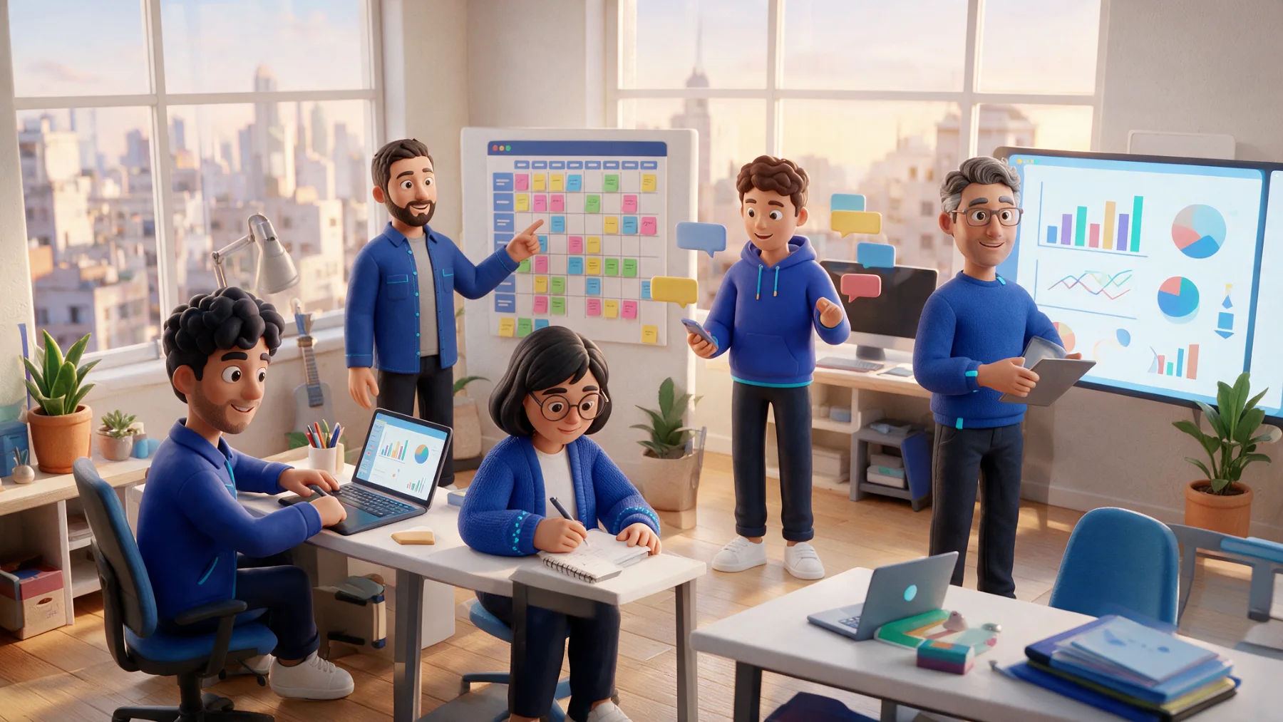 3D illustration of the Metanest AI Office: AI employee characters designing, writing, planning, replying and reporting
