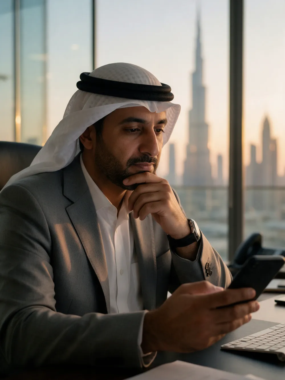A business owner in a Dubai office checking his phone before choosing an agency