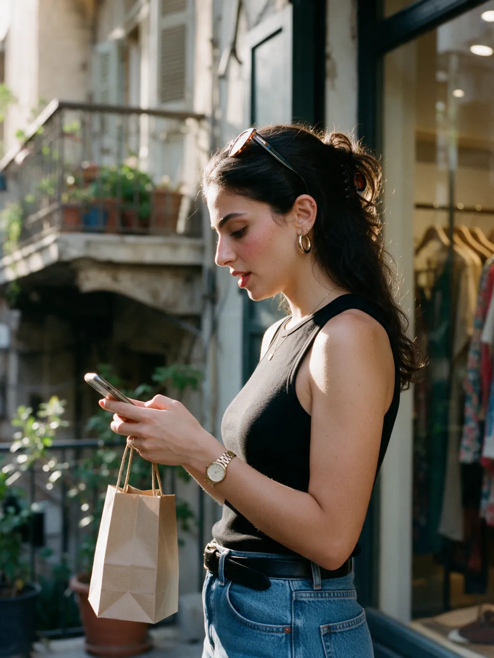 A shopper in Beirut looking up a brand on her phone