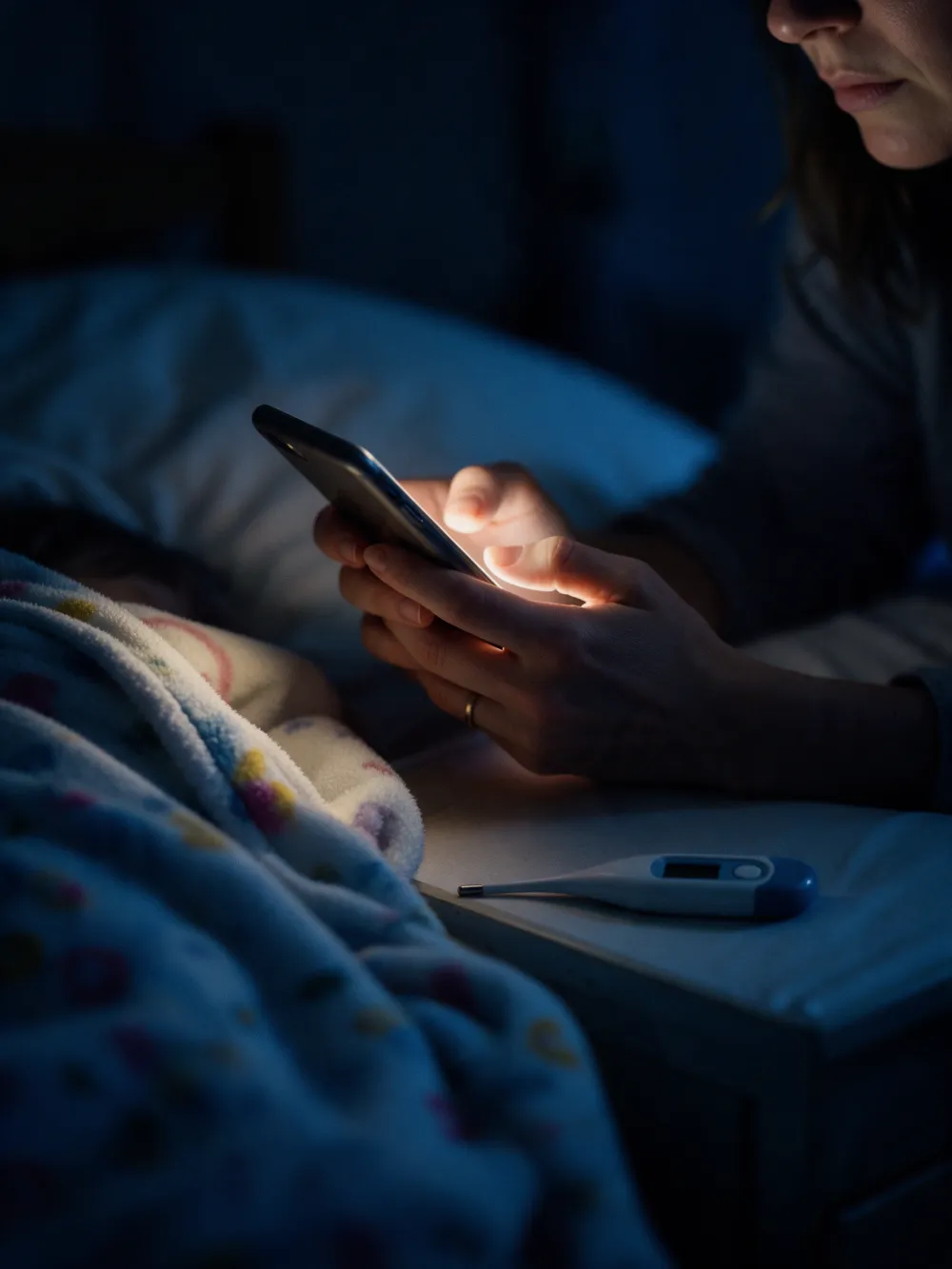 Hands holding a phone at night beside a child's blanket and a thermometer