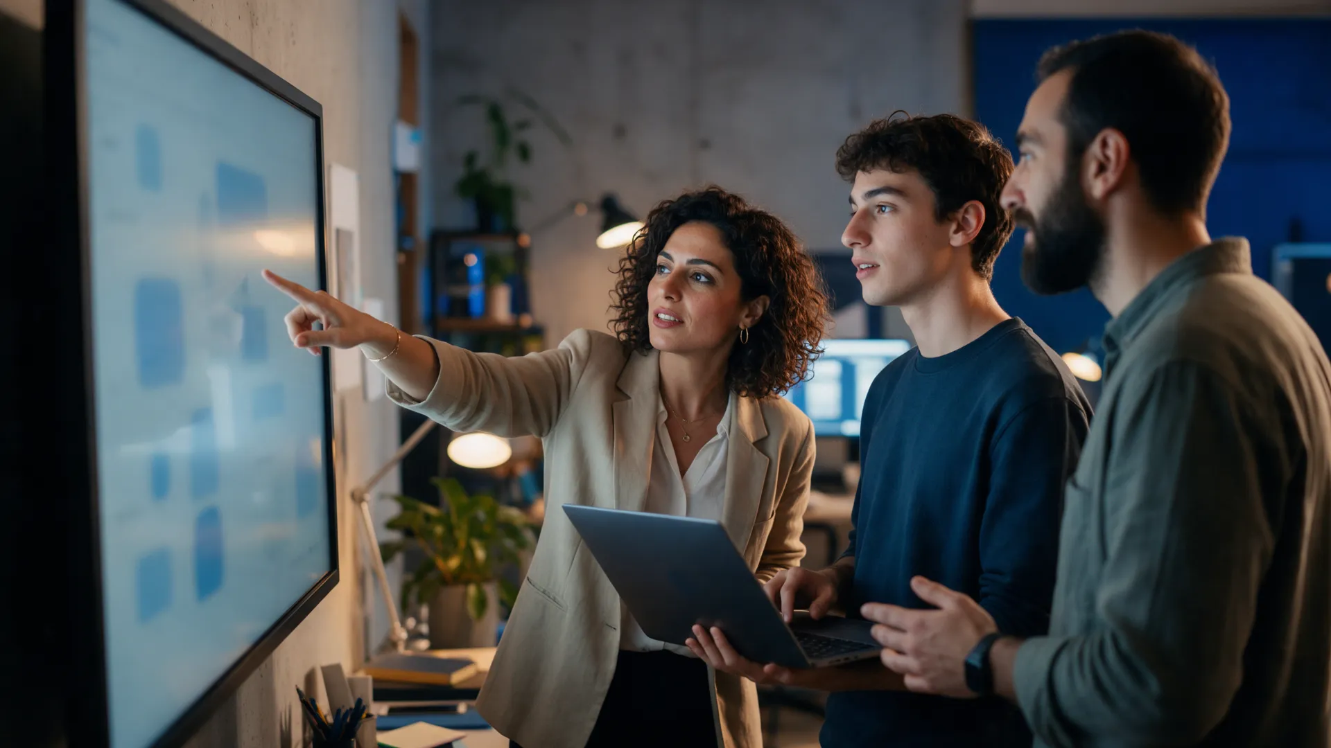 A creative team reviewing a brand's AI visibility on a large screen